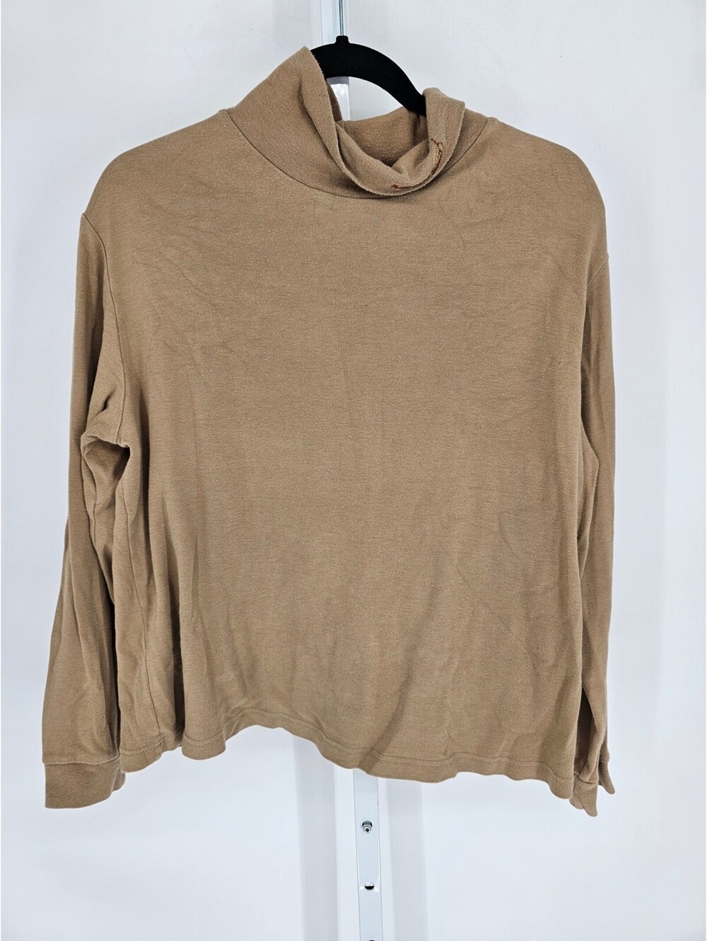 Basic Editions Womens Sz L Long Sleeve Turtleneck T Shirt Beige w/ Embroidered